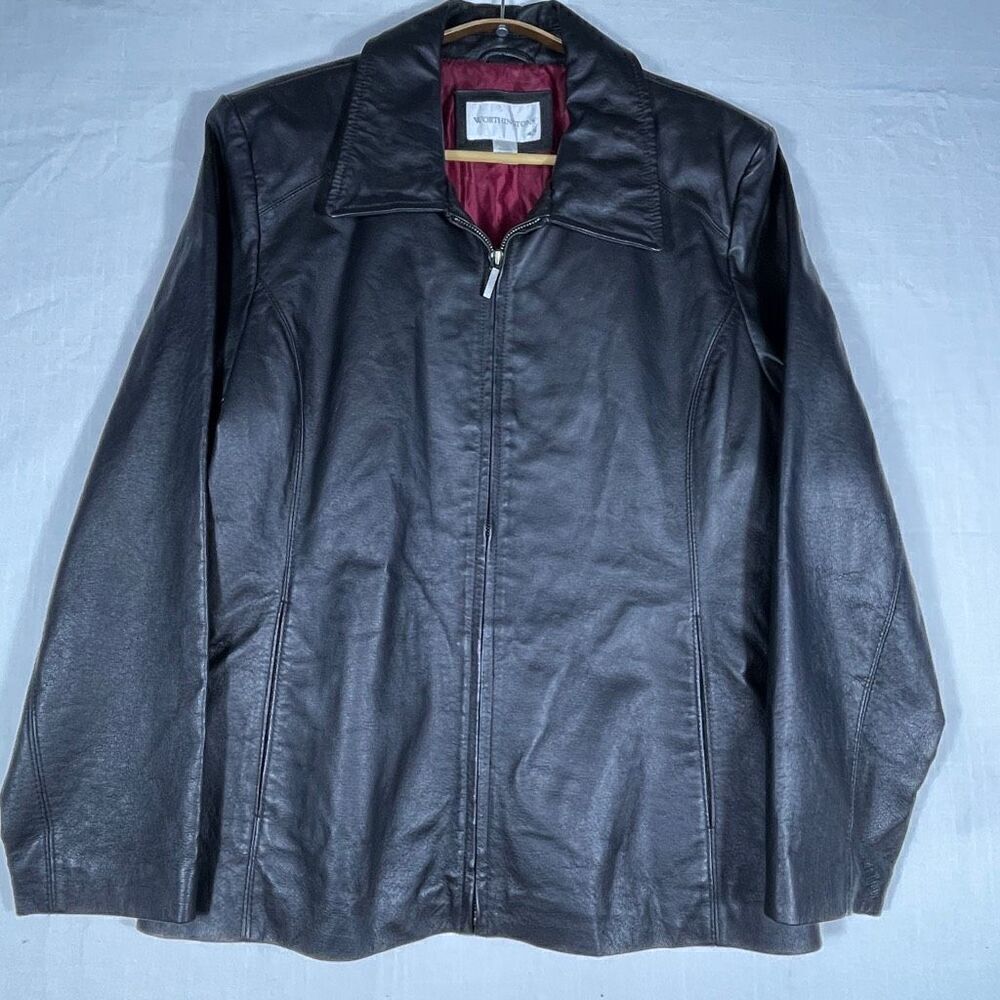 Worthington Black Lined Genuine Leather Full Zip Blazer Jacket Coat Size XL
